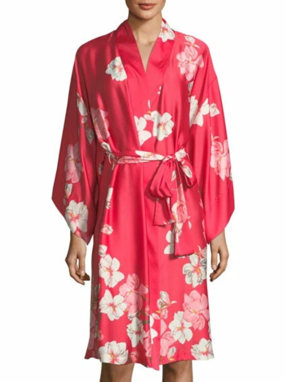 Natori Magnolia Floral Satin Robe Red Pink Kimono Sleeve Belted Size M 49” Luxe